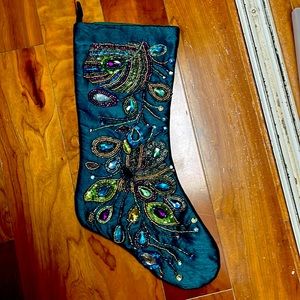 Vintage beaded embroidered Christmas holiday stocking world market peacock